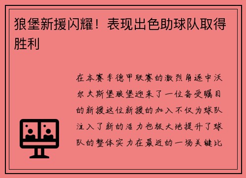 狼堡新援闪耀！表现出色助球队取得胜利