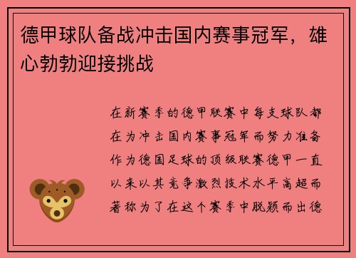 德甲球队备战冲击国内赛事冠军，雄心勃勃迎接挑战