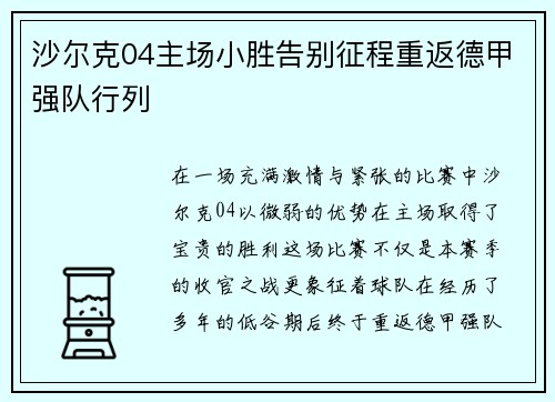 沙尔克04主场小胜告别征程重返德甲强队行列